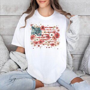 Floral American Flag 4th of July Shirt, July Birthday Shirt